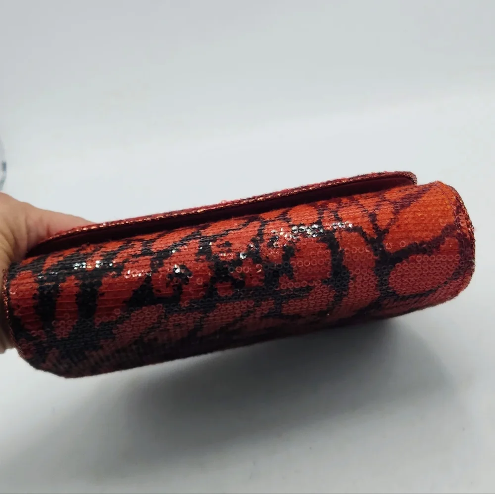 Vintage Red & Black Sequin Clutch In Abstract Pattern Convertible Chain Strap